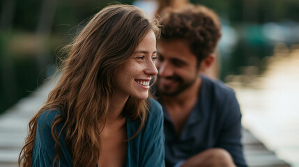 Obraz premium Young couple laughing and bonding on a jetty by a lake during a summer holiday, romantic travel and nature getaway concept, faceless, faces not clearly visible, defocused lake