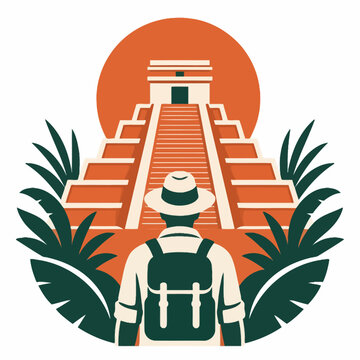 A tourist with a backpack standing in front of an ancient pyramid temple.