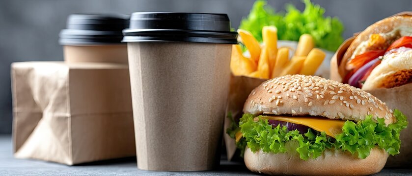 Classic cheeseburger with fries and coffee on a white background in a takeout setting