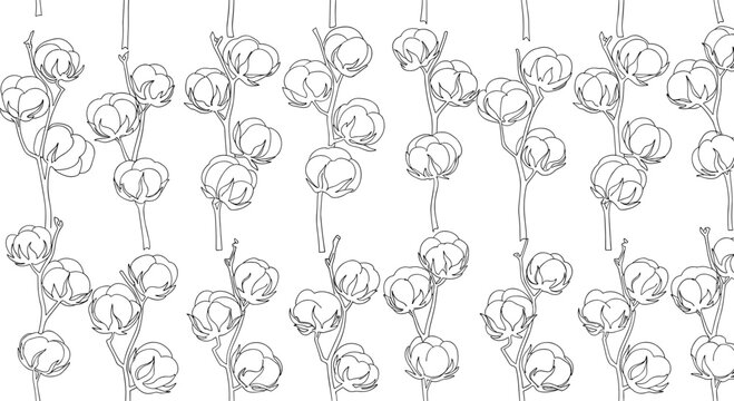 Elegant black and white seamless pattern of cotton branches and soft bolls for textile and garment industries.