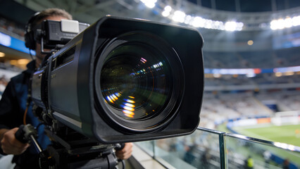 Professional broadcast video camera on a tripod at a sports stadium during a match, focusing on the large lens with stadium lights reflection. Live television concept.