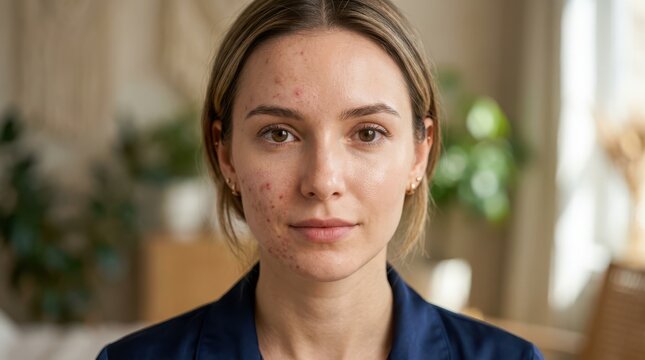 Young woman with acne on her face looking at camera with a neutral expression concern about skin.
