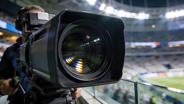 Professional broadcast video camera on a tripod at a sports stadium during a match, focusing on the large lens with stadium lights reflection. Live television concept.