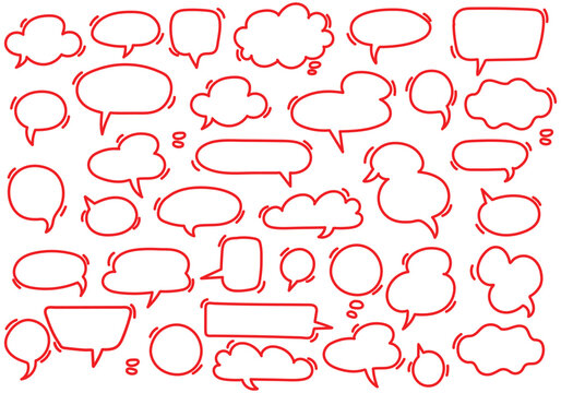 Speech bubble doodle talk set. Hand drawn comic doodle style dialog balloon, thought cloud speech bubble element pack. Cartoons speak of conversation elements. Vector illustration 