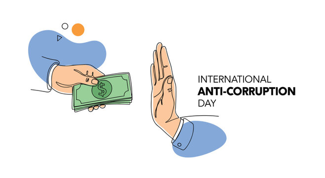 Hand firmly refusing a bribe for International Anti Corruption Day message in a clean one line drawing style on white back.