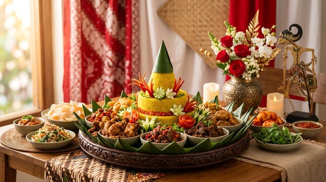 Traditional Indonesian Tumpeng Rice Feast on Wooden Table.