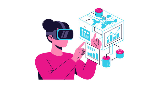 Virtual Reality Data Analysis Concept with Woman Wearing VR Goggles Interacting with Holographic Charts and Global Business Maps
