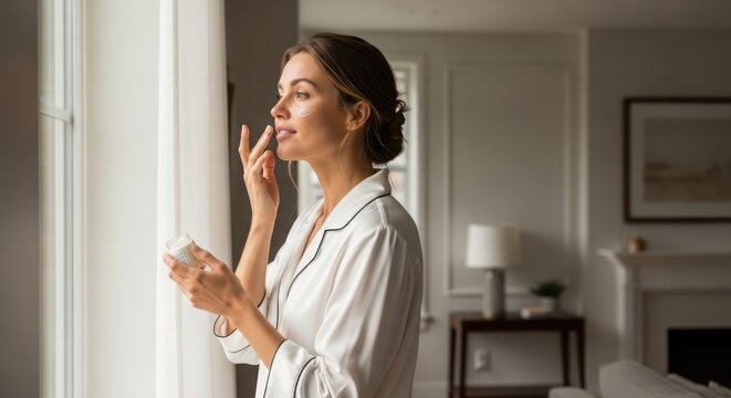 Healthy woman standing by window applying nourishing cream on face for skincare morning routine home wellness spa atmosphere.
