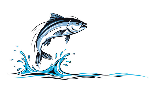 Dynamic illustration of a blue fish leaping out of splashing ocean waves isolated on a plain white background for fishing logos.