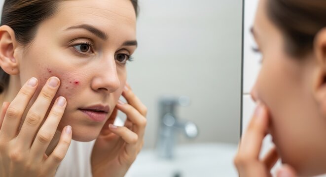 Young woman looking at her acne prone skin in bathroom mirror while checking red pimples on her cheek with concern for skincare.