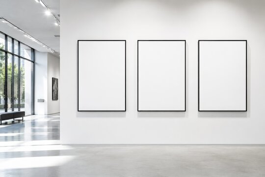 Spacious modern art gallery interior with three large blank framed posters on a white wall, rendered in minimalist architectural photography with soft natural daylight