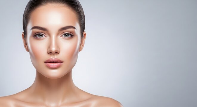 Beauty portrait of young woman with perfect skin, elegant makeup, and hair pulled back in a sleek style.