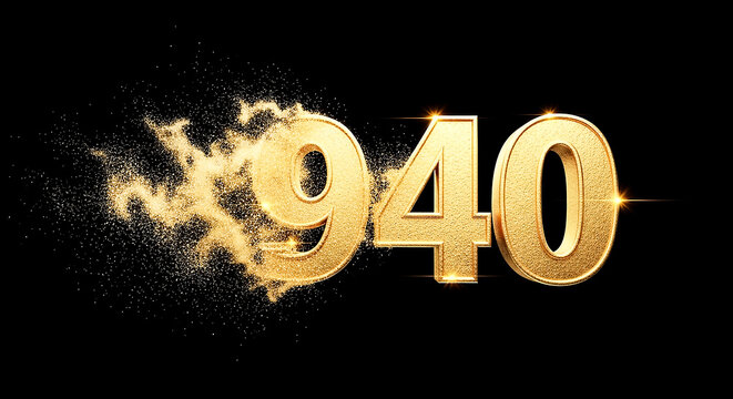 Glowing, metallic 940 number with confetti sparkle effect, ideal for celebration or milestone designs on dark backdrop.