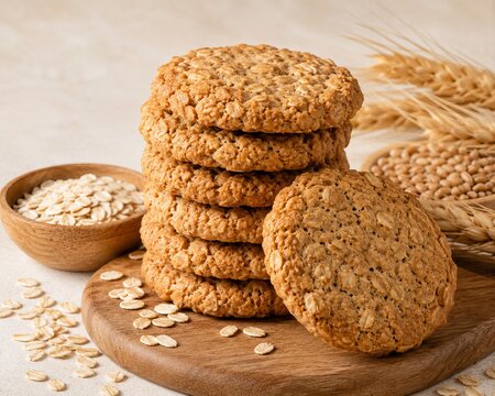 Stack of crunchy oat cookies surrounded by rolled oats and wheat grains, rendered in clean food photography style with soft natural lighting and minimalist composition