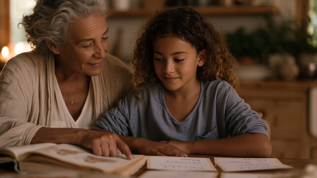 Young bilingual girl sitting at a kitchen table with a Spanish-English picture dictionary and handwritten flashcards spread out, her grandmother pointing to illustrations and