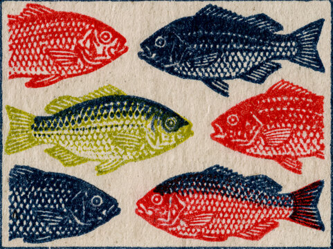 close up of lithographic or flexographic pattern on old paper: fish pattern