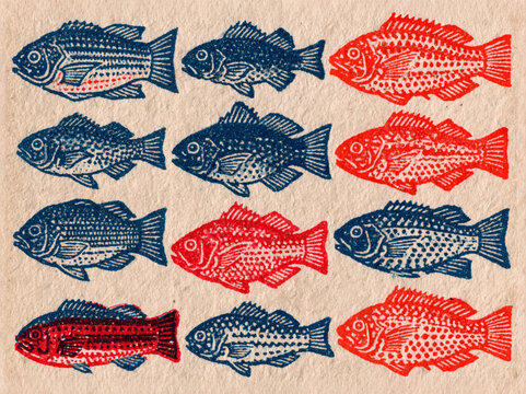 close up of lithographic or flexographic pattern on old paper: fish pattern