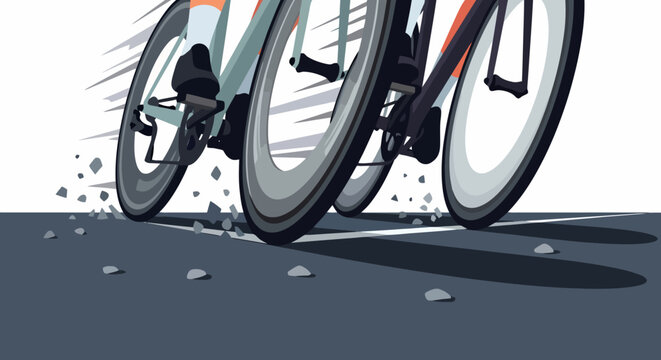 Close-up of two bicycles racing on a road with debris.