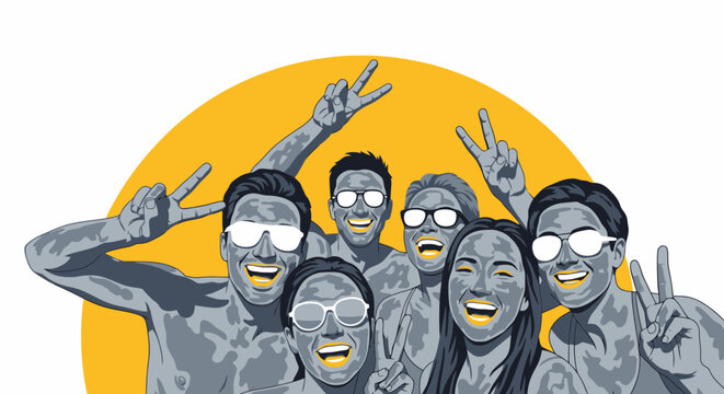 Group of diverse friends smiling and making peace signs.