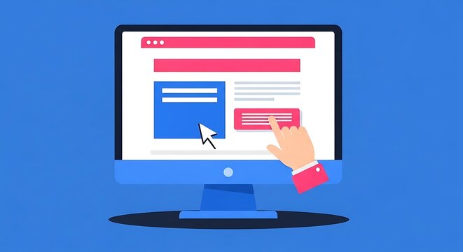 A hand interacts with a computer screen displaying a website on a blue background.