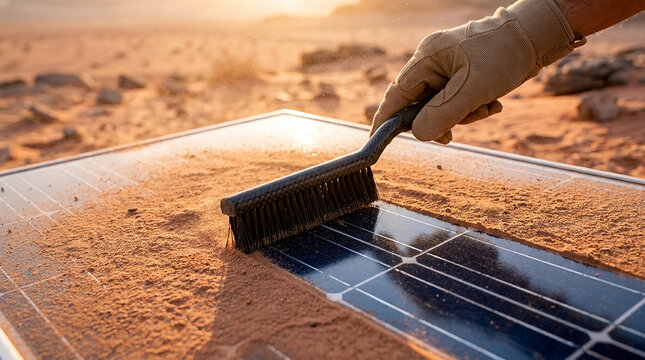 A technician cleaning solar panel surfaces using brush within desert environment for renewable energy maintenance work in arid regions at sunset