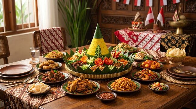Traditional Indonesian Tumpeng rice cone served with various side dishes for a celebratory feast.