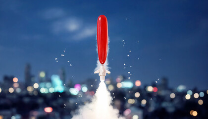 Fototapeta premium Balloon shaped like an exclamation mark ascends above a blurred city skyline at dusk, creating a striking symbolic representation of urgency and innovation for modern business communications.