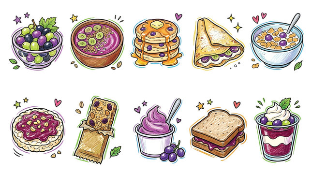 A vibrant collection of delicious breakfast and snack foods featuring grapes and blueberries.