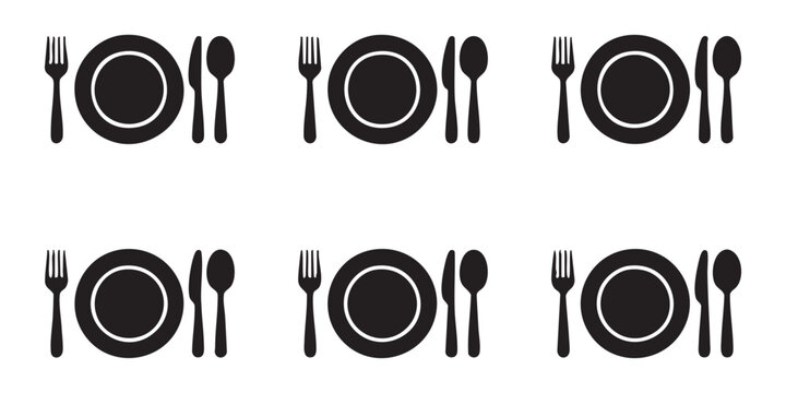 Repeated pattern of dinner plate place settings with silverware icons for restaurant layout menu.