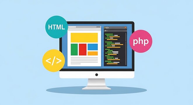 A computer screen displays a coding interface with HTML, PHP, and coding symbols.