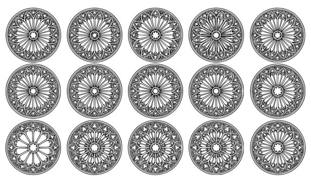 Gothic Rose Windows, Cathedral Architecture, and Medieval Stained Glass Detailed Line Art Icon Set Featuring Ornate Circular Mandalas, Concentric Tracery Patterns, and Sacred Geometry Designs for Hist