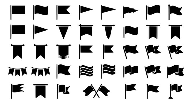 National Flags, Heraldic Banners, and Festive Pennant Garlands Black Silhouette Icon Set Featuring Waving Ensigns, Triangular Pennants, Hanging Gonfalons, and Crossed Flagpoles for Event Branding