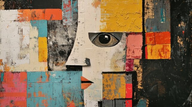 Abstract Cubist Portrait Art with Geometric Shapes and Bold Colors.