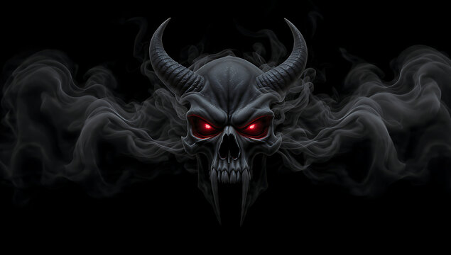 Dark demonic skull with large horns, glowing red eyes and swirling smoke on black background