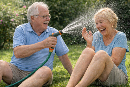 Gl&uuml;ckliches Seniorenpaar hat Spa&szlig; mit Gartenschlauch im Sommergarten
