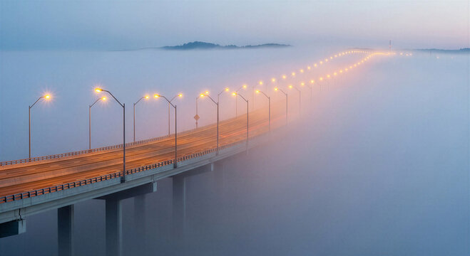 Fog-covered freeway bridge illuminated by streetlights at dusk  