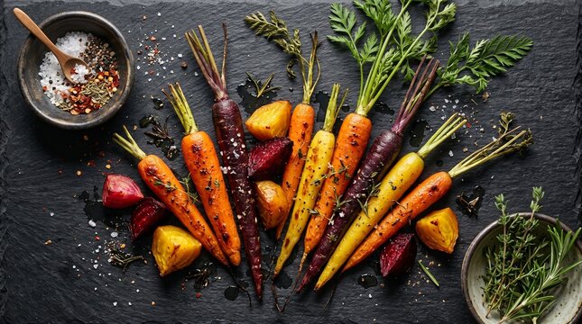 Zanahorias y remolachas asadas sobre pizarra r&uacute;stica