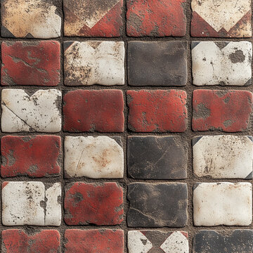 Vintage Russian ceramic tile flooring with Metlakh red and white pattern, seen from above in photorealistic texture, suitable for architecture and antique surfaces