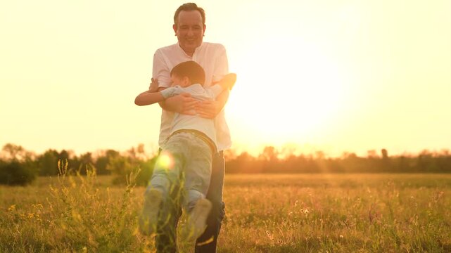 happy family, childhood dream flying, kid with male parent nature, little boy playing with his dad sunset, father and child communication at sunset, father and child inspiration at sunset, father and