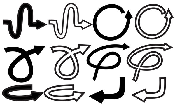 Imaginary shape of curved, rotating, and turning direction arrows in silhouette and outline form, isolated on white background, vector