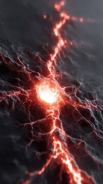 Vibrant macro view of a neuron showing glowing red soma and intricate dendrites with dark highlights under a blurred background filled with ethereal lights