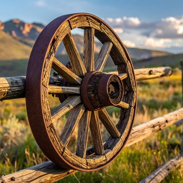 A rustic old wagon wheel leans against a wooden fence post in a serene natural landscape