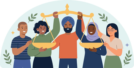 Fototapeta premium A diverse group of individuals collaborating to uphold the scales of justice, symbolizing global equality, unity, and social inclusion for a harmonious community future