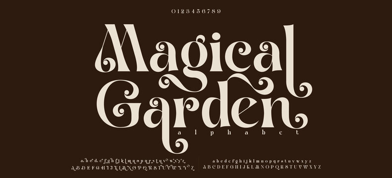 Magical Garden Elegant alphabet letters font logo. Typography luxury classic lettering serif fonts decorative wedding vintage retro logos, design for fashion,beauty shop and brand .vector illustration