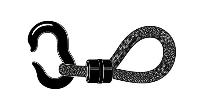 Minimal black silhouette icon, simple flat vector, bold black shape, no, no shading black metal hook attached to a braided rope loop on a, flat icon style