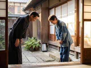 Fototapeta premium People bowing respectfully outside a traditional Japanese house entrance