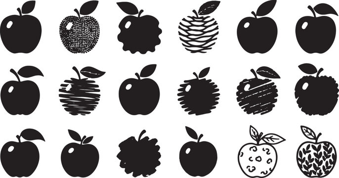 Collection of eighteen black apple silhouettes and stylized fruit vector icons with diverse textures including solid shapes, stippled dots, horizontal lines, and scribbled patterns.