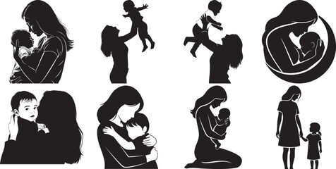 Fototapeta premium Mother And Child Silhouettes A Collection Of Black Vector Graphics