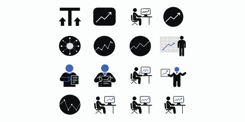 Fototapeta premium Collection of business, technology, and data analysis vector icons with user and growth themes.