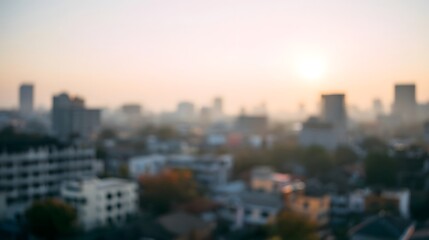Fototapeta premium A soft blurred cityscape background illuminated by warm sunrise or sunset light creates a tranquil and inviting urban atmosphere